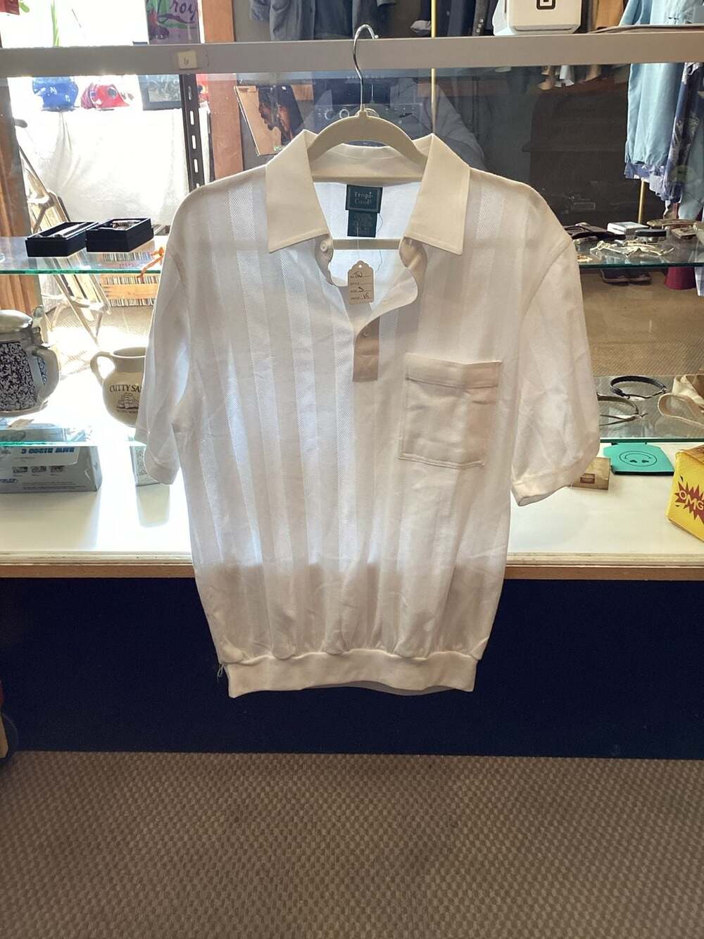 Small Tropi-Cool White Striped Mesh Short Sleeve Polo Shirt with Pocket